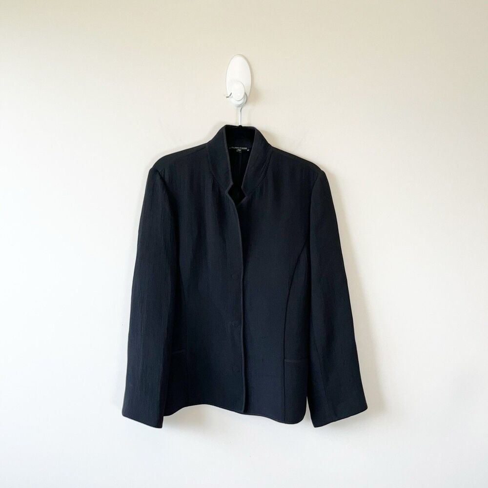 Eileen Fisher Stand Up Collar Black Silk Blend Blazer Gauzy Magnet Close Medium